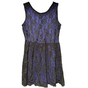 Gracie Women's XL Little Black Lace Short Dress w/ Cobalt Blue Underlay